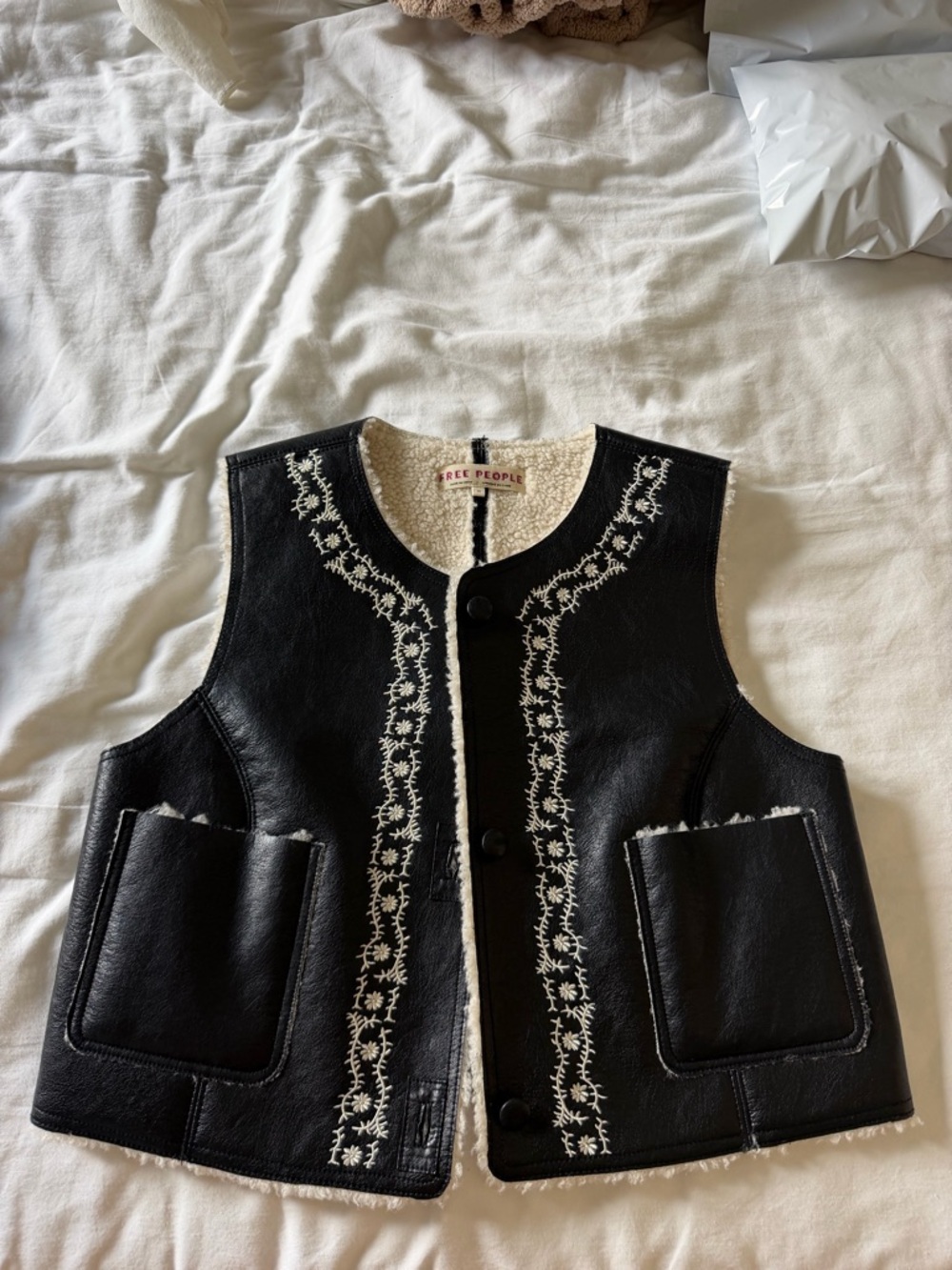 Free People Black Faux Leather Embroidered Vest with Cream Sherpa Trim
